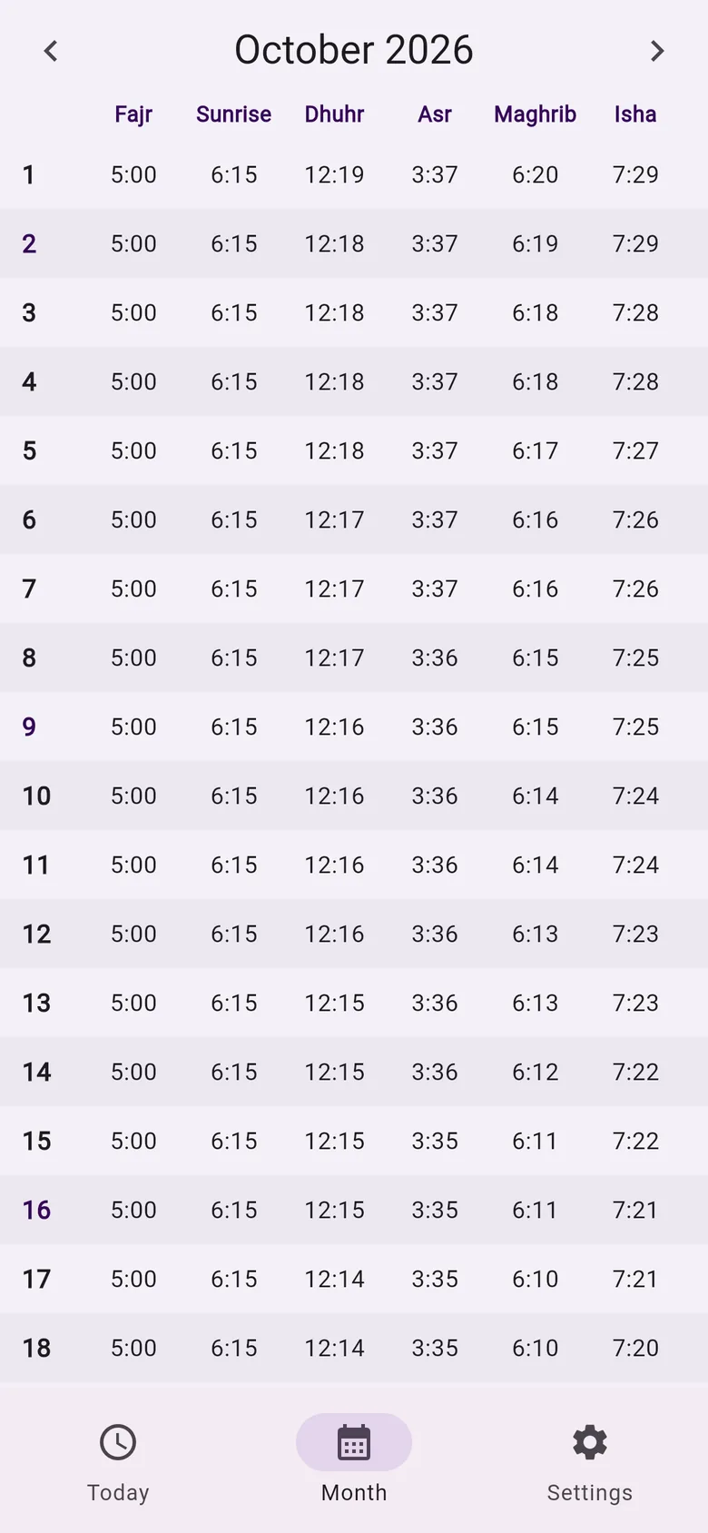 A month of prayer times