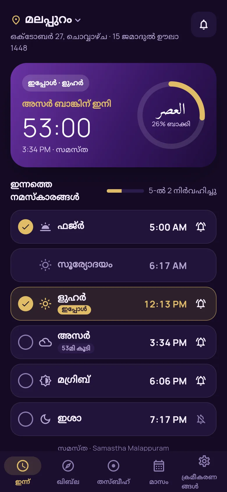 Today's prayer times in Malayalam