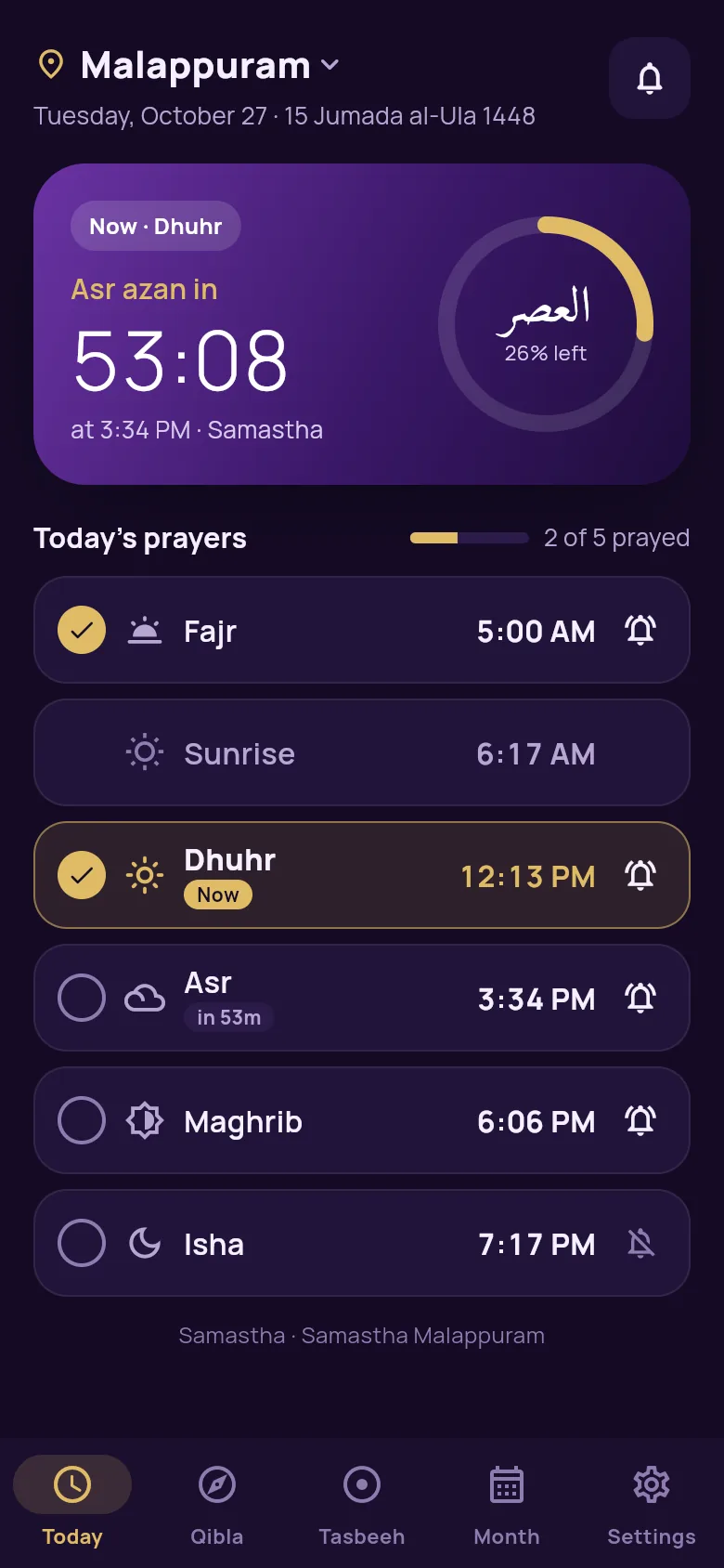 Al-Saff showing today's prayer times for Malappuram with a ring countdown to Asr